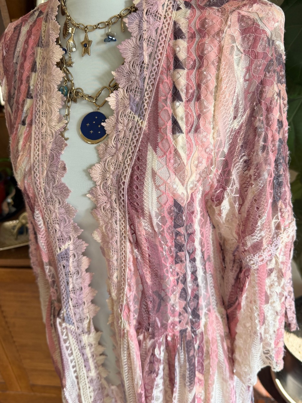 Origami Boutique Pink Lace Patchwork Layered Duster Cardigan M NWOT - Picture 6 of 15